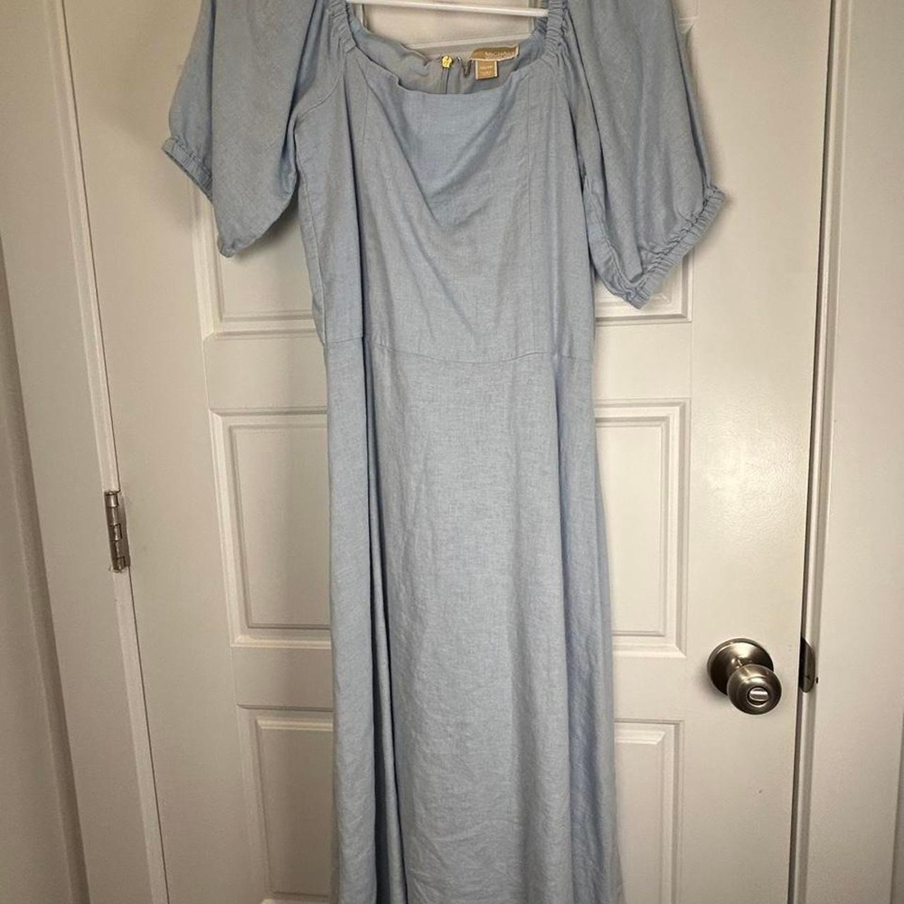 Michael Kors Light Blue Puff Sleeve Midi Dress